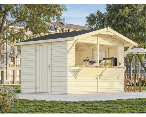 Holzgartenhaus mit Verkaufstheke und Tür