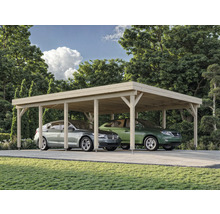 Doppelcarport aus Holz mit zwei geparkten Autos