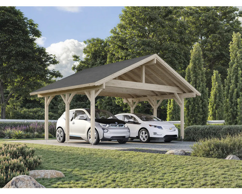 Doppelcarport aus Holz mit zwei geparkten Autos