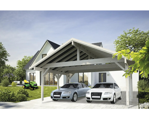 Doppelcarport aus Holz mit zwei geparkten Autos