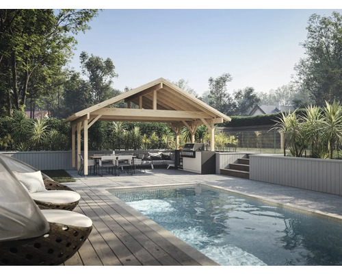 Einladende Gartenszene mit Pool, Pavillon, Grillplatz und Sitzbereich