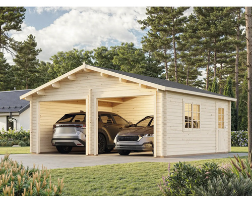 Doppelgarage aus Holz mit zwei Autos und Fenstern