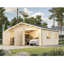 Holzgarage mit zwei Fahrzeugen und Doppeltüren