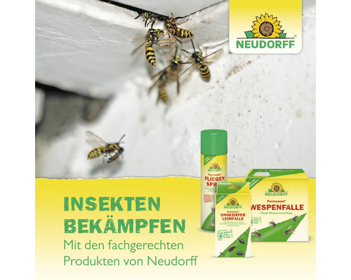 Neudorff Produkte zur Insektenbekämpfung mit Wespen im Anflug.