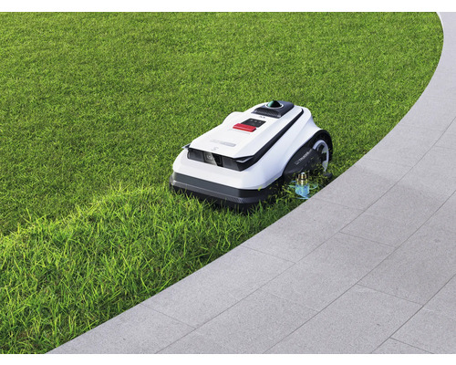 Rasenmähroboter auf Rasenfläche neben gepflastertem Weg