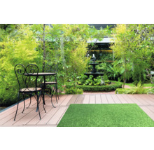 Gartenszene mit Sitzgruppe, Springbrunnen und Kunstrasen