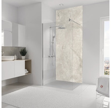 Badezimmer mit Duschabtrennung aus Glas, Waschbeckenunterschrank und weißem Teppich