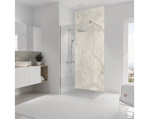 Badezimmer mit Duschabtrennung aus Glas, Waschbeckenunterschrank und weißem Teppich