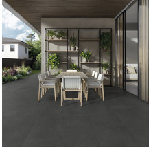 Terrasse mit Esstisch und Stühlen sowie Regal mit Pflanzen