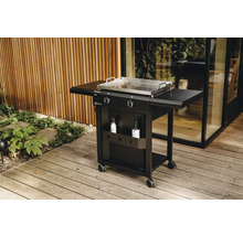 Schwarzer Gasgrill mit Seitenablagen, Edelstahlplatte und Stauraum auf einer Holzterrasse
