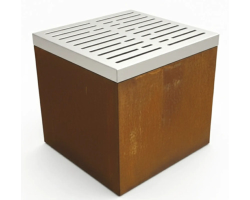 Quadratischer Gully aus Stahl mit Rostoptik und Abdeckung mit Schlitzmuster