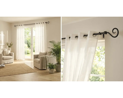 Wohnzimmer mit weißen Vorhängen und Vorhangstange