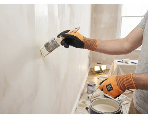 Eine Person streicht eine Wand mit einem Pinsel in einem hellen Raum.