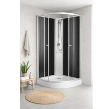 Eckdusche mit schwarzem Glas und silberfarbenen Rahmen in einem hellen Badezimmer