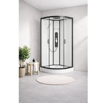 Komplette Duschkabine mit schwarzem Rahmen und Duscharmatur im modernen Badezimmer