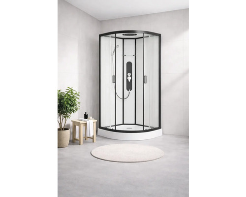 Komplette Duschkabine mit schwarzem Rahmen und Duscharmatur im modernen Badezimmer