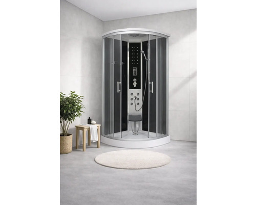 Duschtempel mit Duschsitz und Paneel mit Düsen im Badezimmer