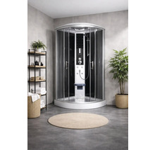 Komplette Duschkabine mit Duschpaneel, Sitz und Glastüren in einem Badezimmer