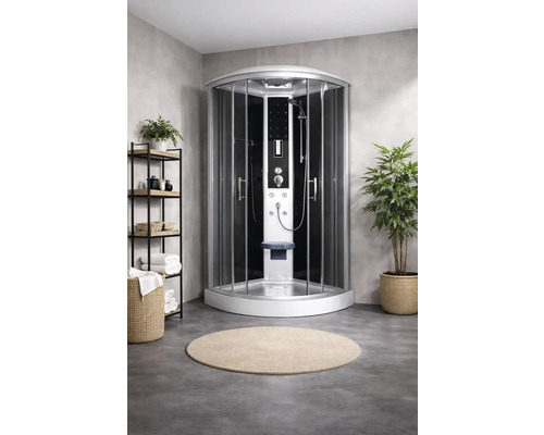 Komplette Duschkabine mit Duschpaneel, Sitz und Glastüren in einem Badezimmer