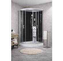 Eck-Duschkabine mit schwarzer Rückwand und Duschpaneel im Badezimmer.