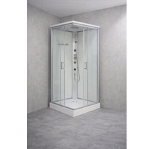 Eckdusche mit Glaswänden und Duschpaneel in einem Badezimmer