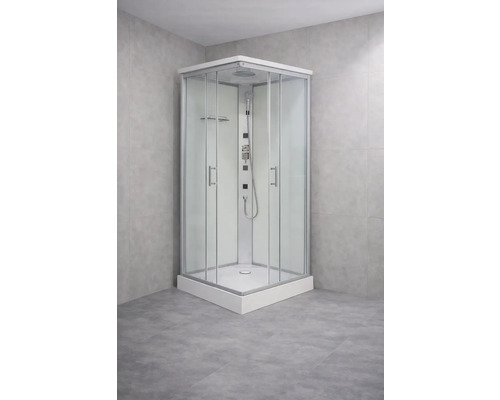 Eckdusche mit Glaswänden und Duschpaneel in einem Badezimmer