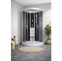 Komplette Duschkabine mit Eckdusche, Duschsäule und Duschwanne im Badezimmer.