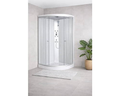 Duschkabine mit Glastüren, Brausekopf und Massagedüsen im Badezimmer