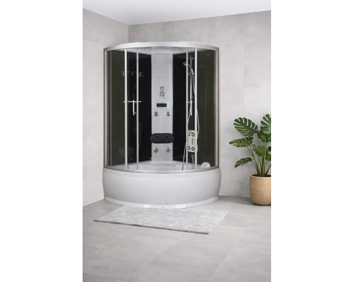 Komplette Duschkabine mit transparenten Glastüren und integrierter Dusche in einem modernen Badezimmer