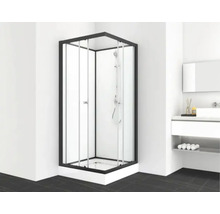 Eckdusche mit schwarzem Rahmen und Glastüren im Badezimmer