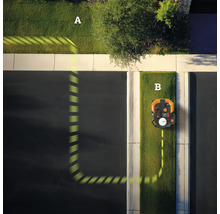 Draufsicht auf einen Rasenmähroboter mit Begrenzungskabel