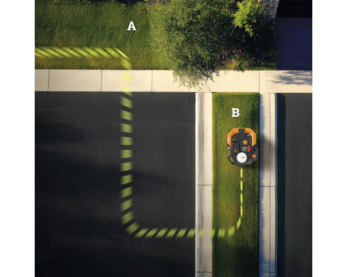 Draufsicht auf einen Rasenmähroboter mit Begrenzungskabel