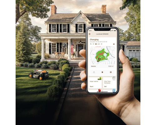 Szene mit einem Landroid Mähroboter und einer Smartphone-App zur Steuerung des Geräts vor einem Wohnhaus.