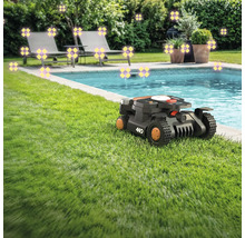 Szene mit einem Mähroboter auf einem Rasen neben einem Pool, Liegestühlen und Pflanzen