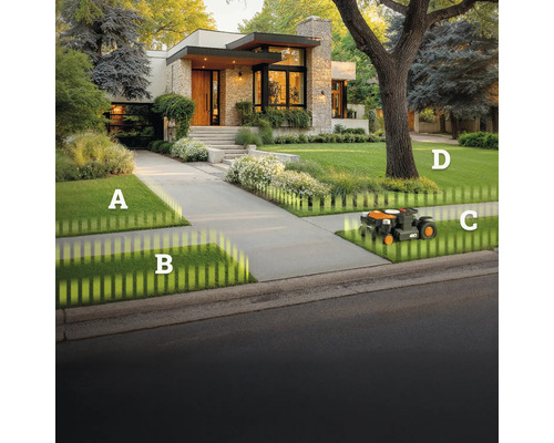 Rasenmähroboter auf Rasen vor modernem Wohnhaus