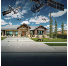 Szene eines Hauses mit einem Rasenmähroboter und Satelliten am Himmel