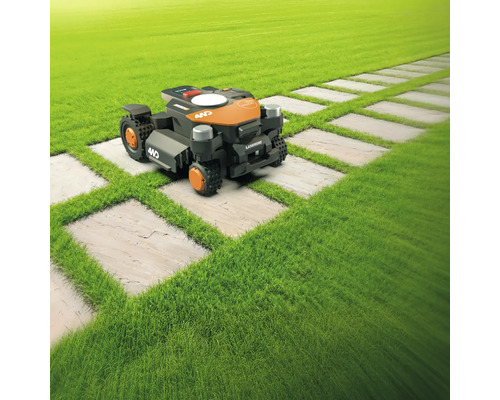 Mähroboter auf Rasen mit Steinplattenweg