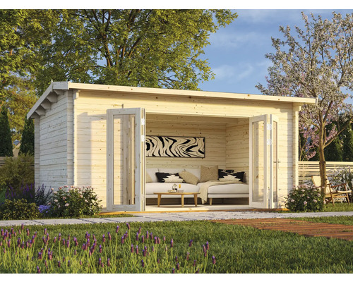 Gartenhaus Palmako Ines inkl. Fußboden 480 x300 cm Holzgartenhaus mit offenem Faltfenster und Inneneinrichtung im Garten