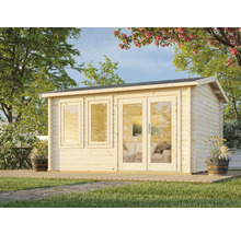 Gartenhaus mit Fenstern und Doppeltür auf einer Terrasse