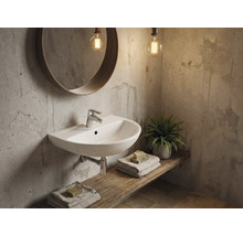 Badezimmer mit Waschbecken, Spiegel und dekorativen Elementen auf einem Holzbord.