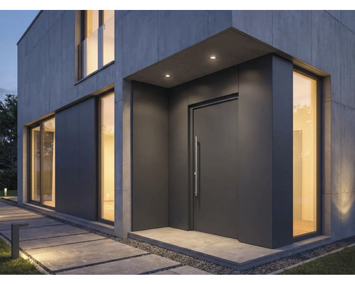 Modernes Haus mit Haustür, Fenstern und Steinweg