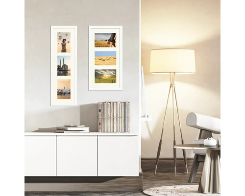 Zwei dreifache Bilderrahmen an einer Wand über einem Sideboard in einem Wohnzimmer