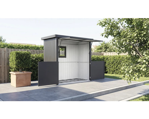 Gerätehaus mit geöffnetem Dach und geöffneten Türen im Garten