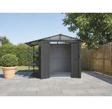 Geöffneter Geräteschuppen aus Metall mit Regalen im Garten