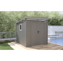 Gartenhaus aus Metall mit Fenster und Doppeltür auf einer Holzterrasse