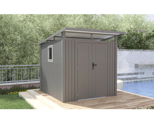 Gartenhaus aus Metall mit Fenster und Doppeltür auf einer Holzterrasse