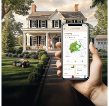 Szene mit einem Rasenmähroboter auf einem Rasen und einer Hand, die ein Smartphone mit einer App zur Steuerung des Roboters hält