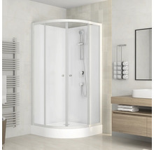 Eckdusche mit Schiebetüren in hellem Badezimmer