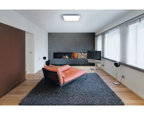 Modernes Wohnzimmer mit Kamin, Sofa, Fernseher und Teppich