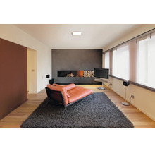 Wohnzimmer mit Kamin, Fernseher und Teppich